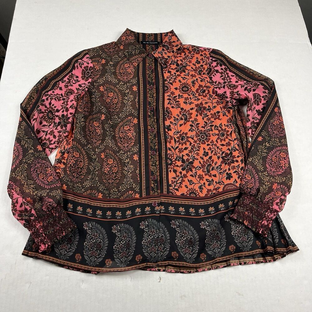 Elie Tahari Paisley Floral Blouse Small Button Front Bohemian Pleated Back Top